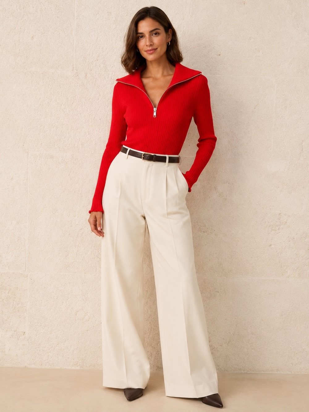 Maeve Red Ribbed Half-Zip Turtleneck Sweater